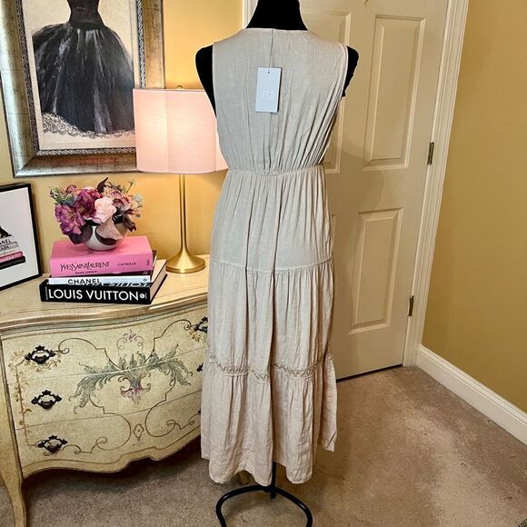 Elena Baldi Linen Midi Dress Size LARGE Beige Tan Natural NWOT - Picture 4 of 7